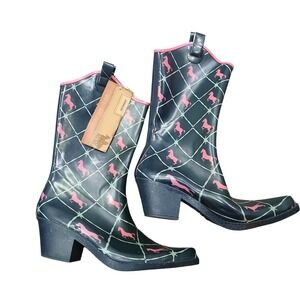 Bit & Bridle Womens Navy Pink Horse Print Rubber Western Rain Boots Size 9